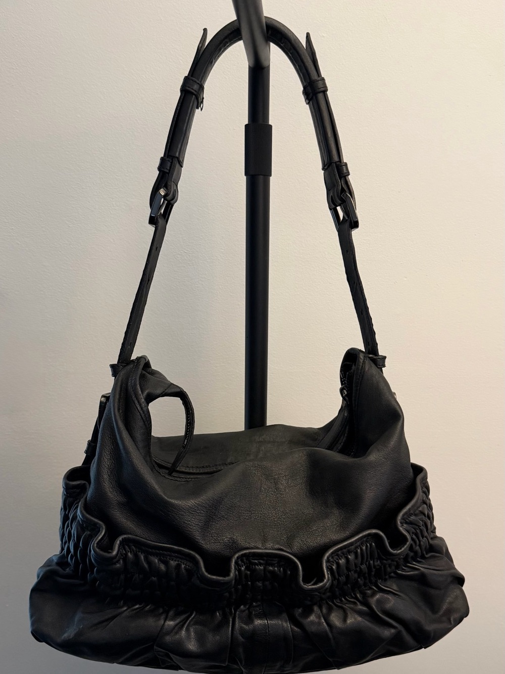 Burberry Black Ruched Leather Hobo Shoulder Bag